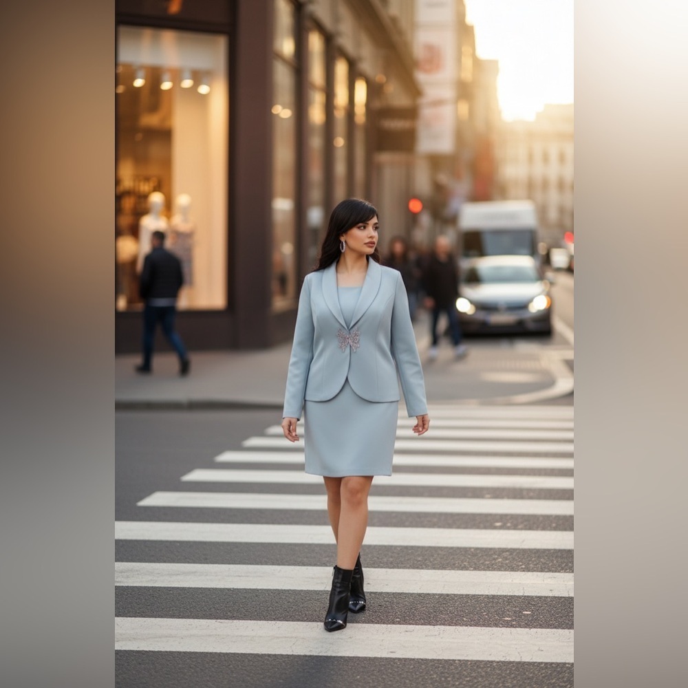 Vintage Elegant Gray Midi Dress with Blazer